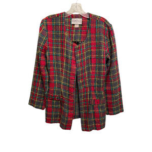 Vintage Rampage Women Blazer Medium Red Plaid Wool Blend Open Front Academia 90s